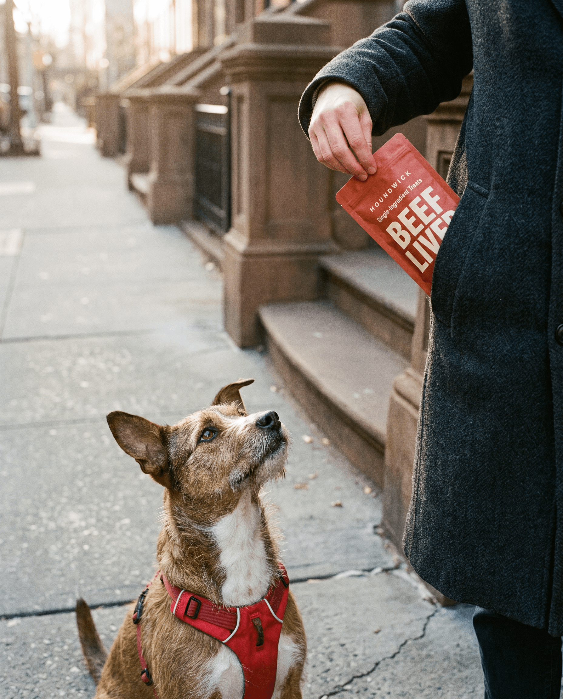 A hand at a coat pocket with a pouch of beef liver treats, a dog looking up